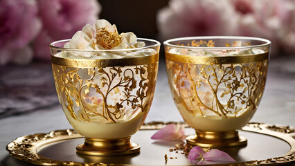 Luxurious Mousse with Gold Flakes and Mucha-Inspired Sugar Art in a Vintage Glass