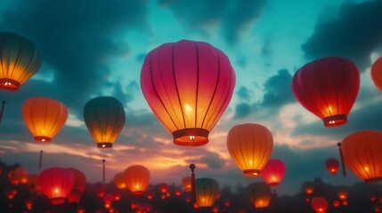 Fototapeta premium Illuminated Lanterns Ascending Into A Twilight Sky