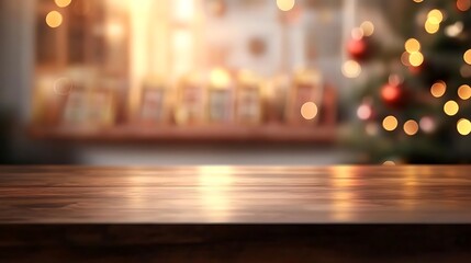 Fototapeta premium A polished square table with a glossy finish, surrounded by blurred New Year calendars and shimmering ornaments in the background, festive bokeh effect, warm golden hues, photorealistic details,