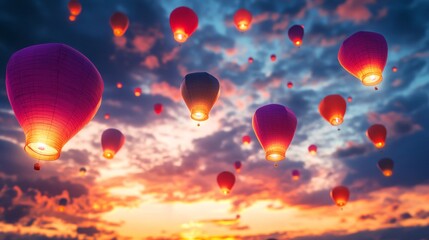 Fototapeta premium Many Colorful Hot Air Balloons Fly At Sunset