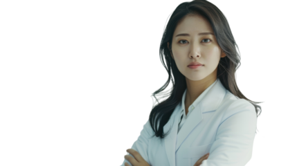 Asian caucasian young female handsome doctor arms crossed on white background