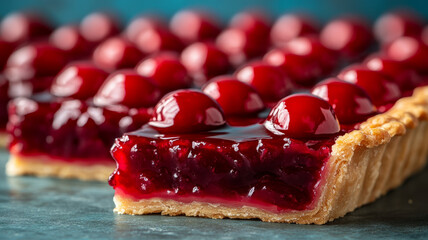 Close-up of a cherry pie with a flaky crust.