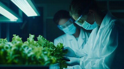 Two Scientists Closely Examining Fresh Vegetables in High Tech Indoor Farm