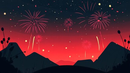 Obraz premium Vibrant Exploding Fireworks Display Against Minimalist Mountain Landscape on Festive New Year s Eve