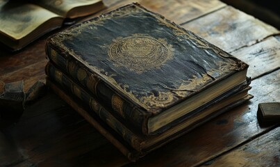 Obraz premium Aged books, leather-bound, stacked on wood.