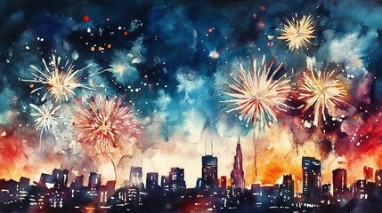 Obraz premium Vibrant Watercolor Fireworks Painting Celebrating the New Year in the City