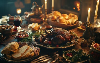 A table set for a traditional feast with roasted meat and fresh bread for st stephens day