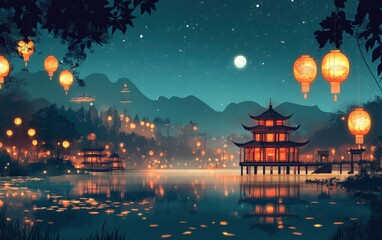 Naklejka premium A traditional lantern festival with glowing lights in a serene night setting for chinese new year