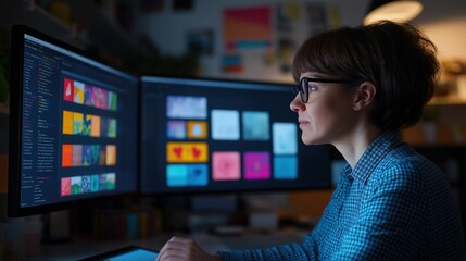 Naklejka premium Graphic designer reviewing colorful digital artworks on dual monitors in creative workspace