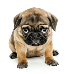 Obraz premium Adorable pug puppy with large eyes sits on floor.