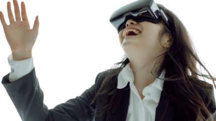 Asian caucasian young businesswoman watching vr glasses laughing and gesturing with hand on white background