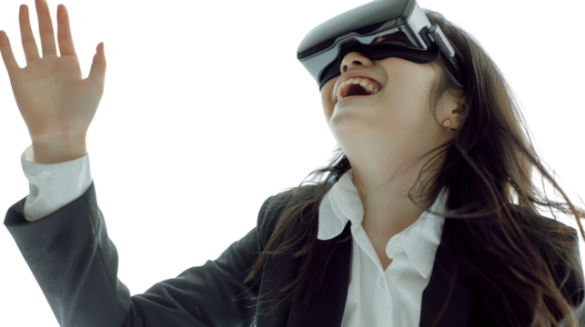 Asian caucasian young businesswoman watching vr glasses laughing and gesturing with hand on white background
