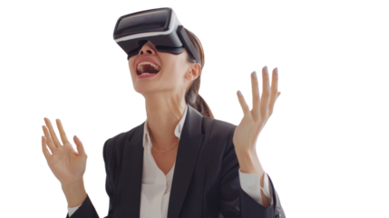 Asian caucasian young businesswoman watching vr glasses laughing and gesturing with hand on white background