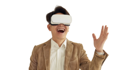 Asian caucasian young businessman watching vr glasses laughing and gesturing with hand on white background