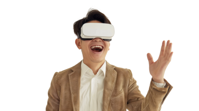 Asian caucasian young businessman watching vr glasses laughing and gesturing with hand on white background
