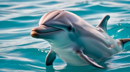 Fototapeta premium A happy dolphin swimming and jumping in blue ocean water