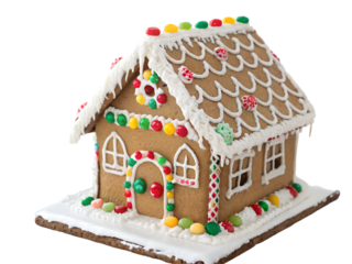 Decorated gingerbread house and colorful candies on a white background. PNG transparent


