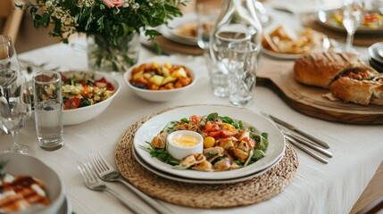 Gourmet dining table setting with fresh salad, side dishes, and elegant glassware, perfect for sharing a meal with family.
