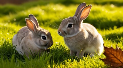 Obraz premium Easter bunny with eggs in the grass, fluffy brown rabbit surrounded by nature