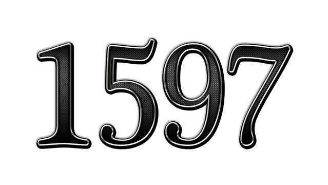 black metal 3d design of number 1597 on white background.