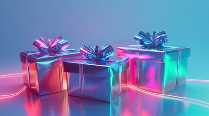 Three metallic gifts with vibrant neon lighting
