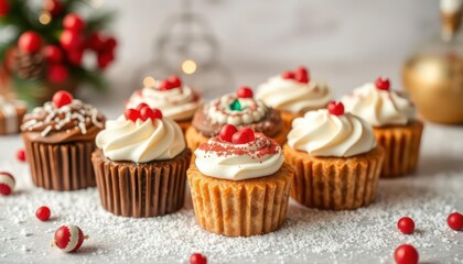 A festive display of decorated cupcakes with red and white toppings on a snowy surface.