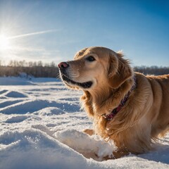 A golden retriever playing in the snow under a bright blue sky.