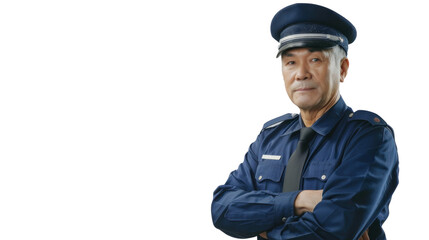 Asian caucasian senior male security , confident and arms crossed on white background
