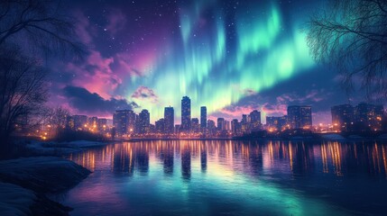Fototapeta premium Vibrant aurora borealis lights illuminate a city skyline reflected in a calm lake at night.