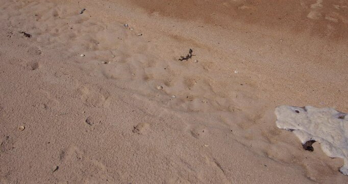 mid shot of incoming high tide flowing over dry sand