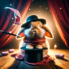 A Dwarf Hotot rabbit performing magic tricks pulling scarves fro