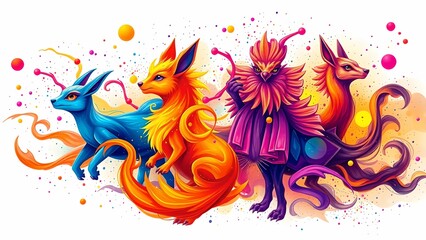 Obraz premium Surreal energy background with abstract animal figures in neon colors, fluid motion, whimsical shapes, dynamic ink splashes, and soft glowing particles.