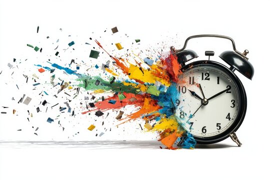 Creative representation of time with an exploding clock and vibrant colors in an abstract design