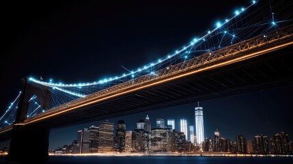 Fototapeta premium A digital representation of a world map showcases global network connections above skyline, featuring the Bridge at night
