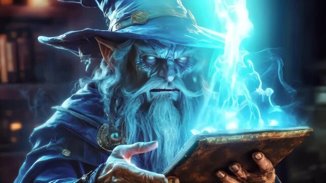 A powerful wizard with a glowing blue beard casts a spell from an ancient book. Perfect for fantasy, magic, and adventure projects.. AI Generation