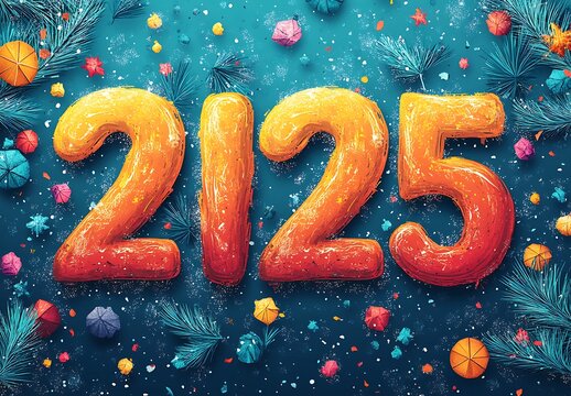 The number 2125 with orange letters and small objects