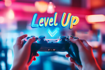 Gamer leveling up playing videogames using controller in colorful room