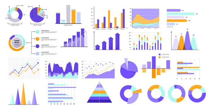 Collection of colorful charts and graphs, including bar, line, pie, and pyramid graphs, on a white background. Data visualization concept. Vector illustration.