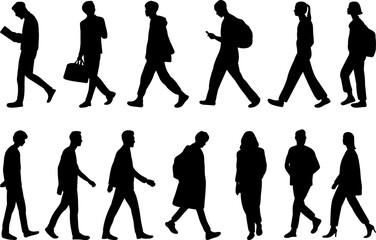 Obraz premium set of walking people silhouette on white background, vector