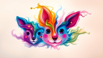 Fototapeta premium Cute abstract animal faces created by swirling colorful ink, glowing particles, and a dreamy soft-focus background, all infused with vibrant surreal energy