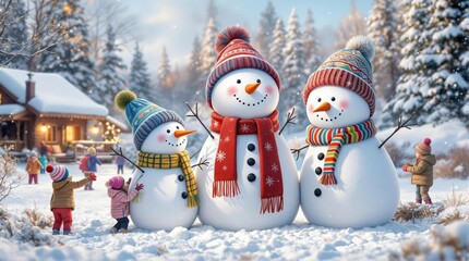 Obraz premium Three cheerful snowmen in colorful hats and scarves, surrounded by children playing in a snowy winter landscape with a cozy cabin in the background