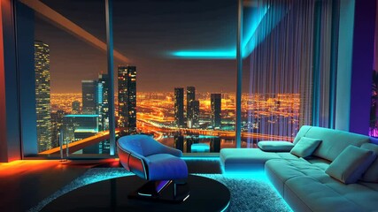 A futuristic living room with floating furniture, glowing stock - Powered by Adobe