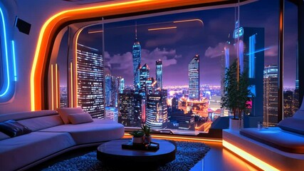 A futuristic living room with floating furniture, glowing stock - Powered by Adobe