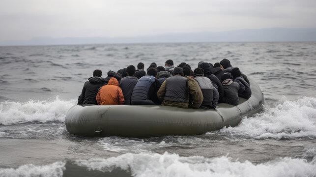 Group of illegal immigrants or refugees sailing stormy sea in plastic raft, escaping dangers of their homeland