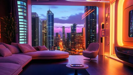 A futuristic living room with floating furniture, glowing stock - Powered by Adobe