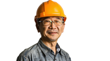 Asian caucasian senior male engineer with safety helmet on white background
