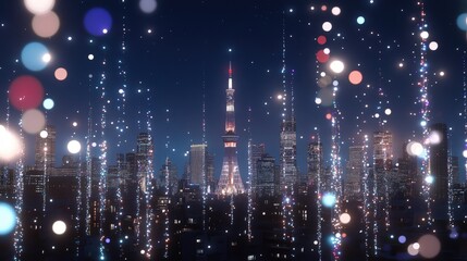 Gradient hues of blue and purple illuminate a digital city skyline with glowing white lines and dots under a night sky