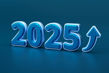 2025 futuristic design with shiny blue numbers and upward arrow symbolizing growth, progress, and optimism for the future, 3d rendering