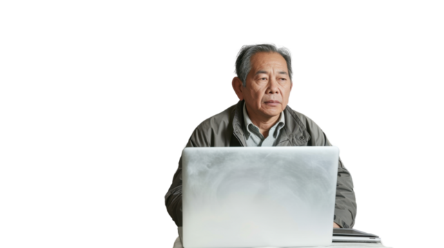 Asian senior male Employee IT specialist sit at work with laptop on white background
