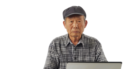 Asian senior male Employee IT specialist sit at work with laptop on white background
